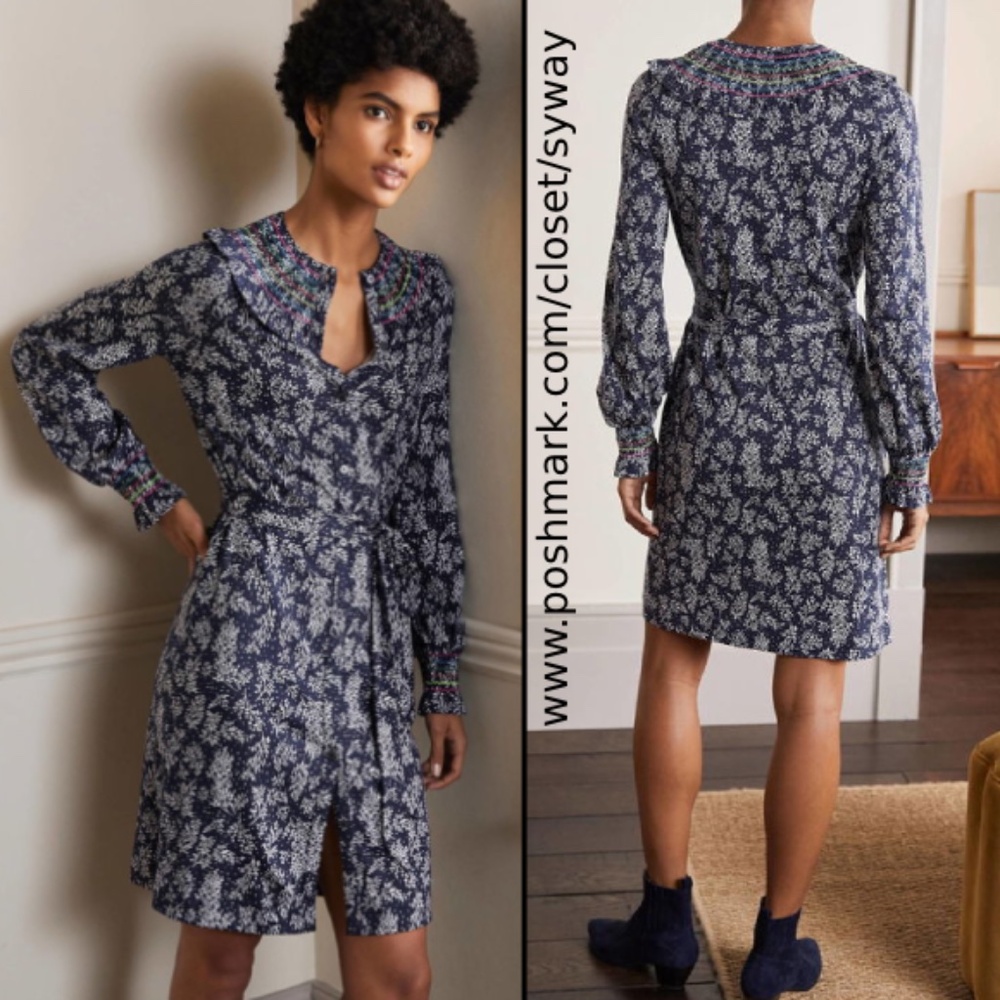 BODEN Smocked Detail Jersey Dress Button Down Shirt Dress with Pockets